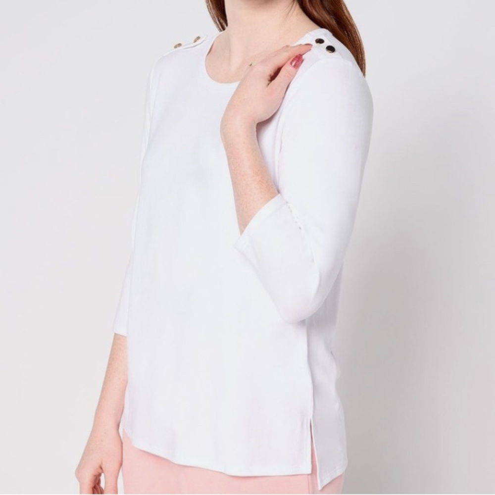 New BEAUTIFUL by Lawrence Zarian Knit 3/4 Sleeve Button Tab Top White Size Large